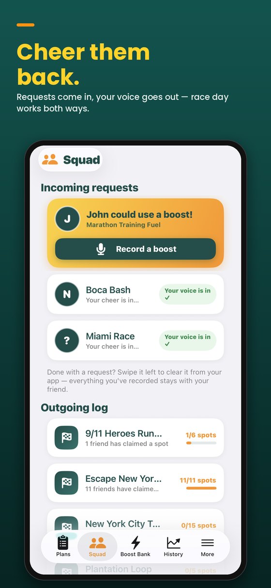 The Squad page — record a boost when a friend needs one
