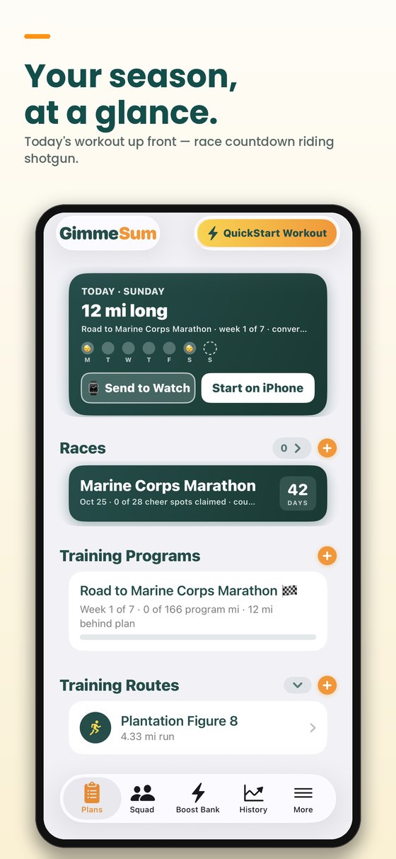 The Plan page with today's workout and race countdown